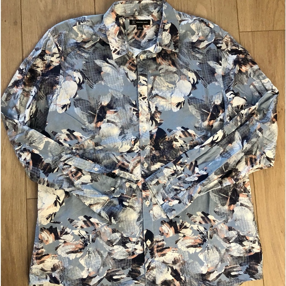 Men’s INC shirt in abstract flowers in grey, black, white and pink. Size large